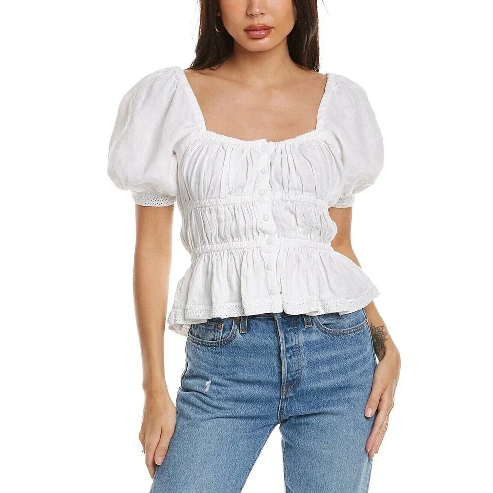 ULLA JOHNSON Harley Crochet-Trimmed Linen Top Size 4 Ivory White